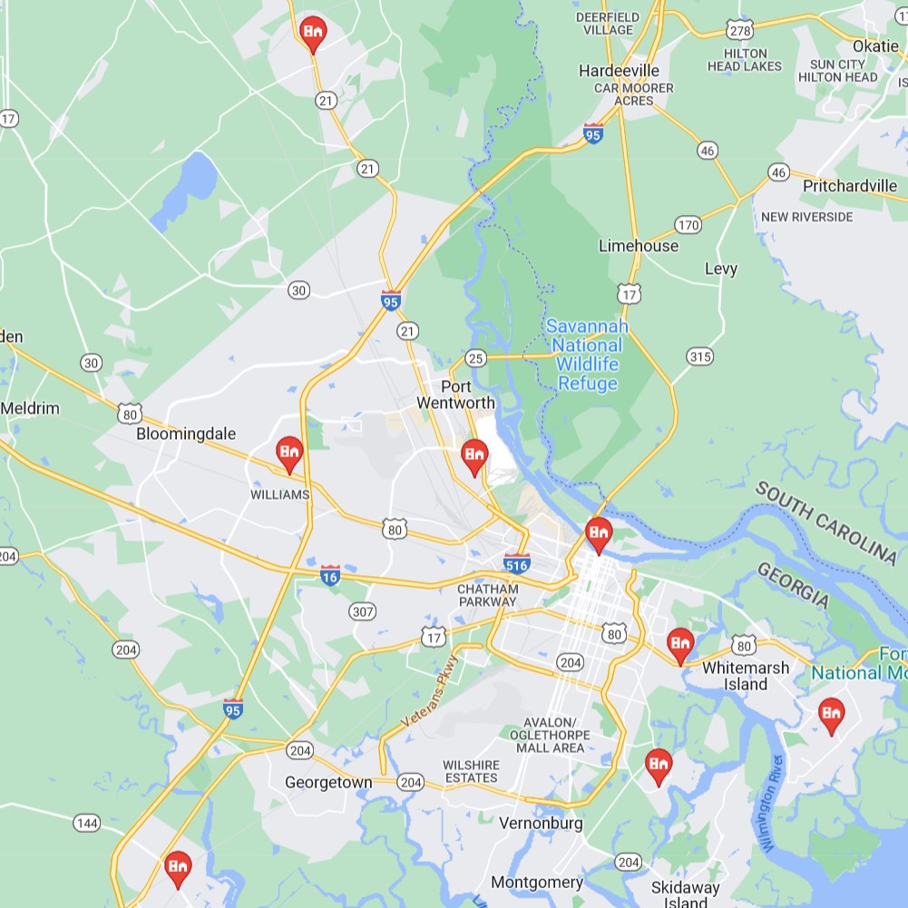 Map of our Service Areas - Bloomingdale, Richmond Hill, Savannah, Pooler, Rincon, Thunderbolt, Garden City, Wilmington Island, Isle of Hope